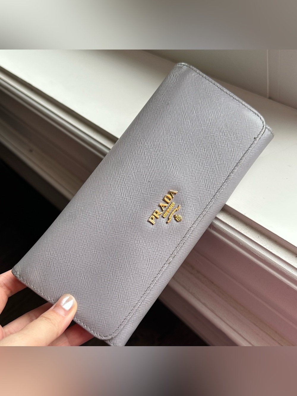 Prada Light Blue Saffiano Leather Long Flap Wallet Gold Hardware